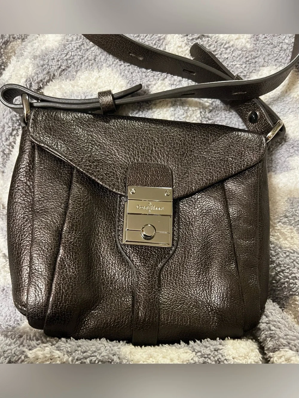 Cole Haan Dark Brown Pebbled Leather Crossbody with Silver Hardware